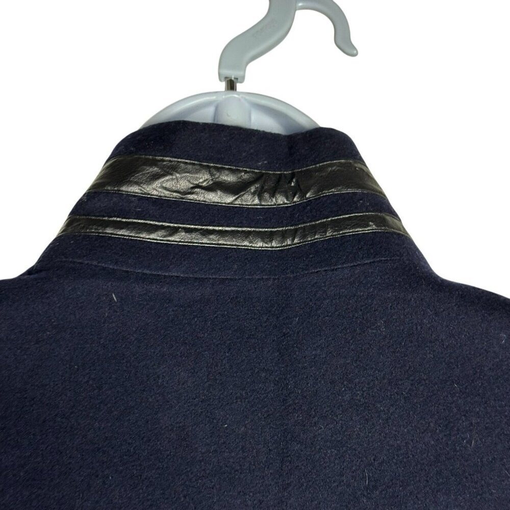 Shanghai Tang Womens Navy Blue Cashmere & Wool Coat Black leather trim Size 4 - Picture 6 of 8